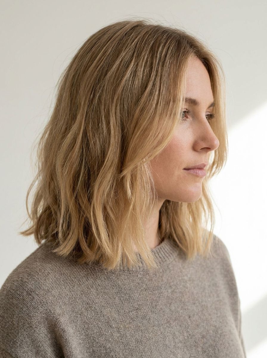 Blonder Clavicut mit langen Stufen - Stufenschnitt mittellang blond